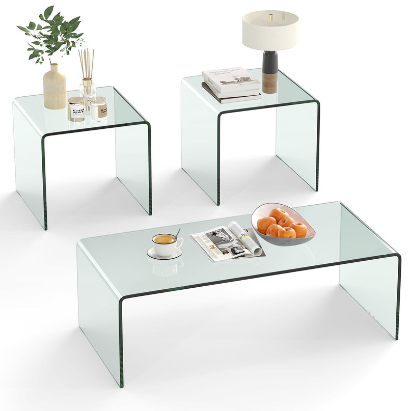 Giantex Tempered Glass Coffee Table Set of 3 Modern Living Room Tables Set for Small Spaces