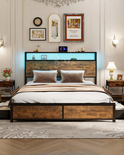 Giantex Queen/Full Bed Frame with LED Lights Headboard and 4 Storage Drawers