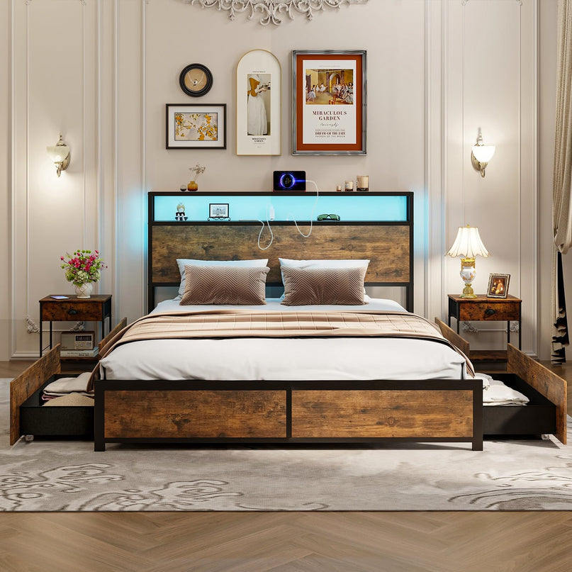 Giantex Queen/Full Bed Frame with LED Lights Headboard and 4 Storage Drawers