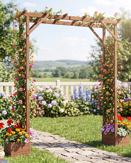Giantex 87in Tall Wooden Garden Arbor with Planter Boxes & Hanging Roof