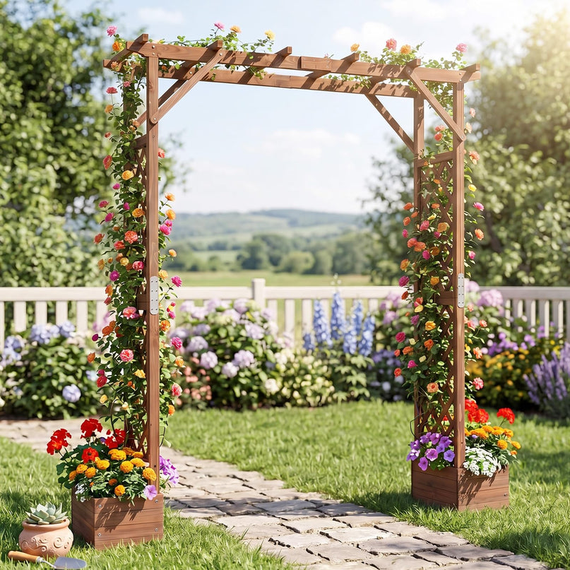 Giantex 87in Tall Wooden Garden Arbor with Planter Boxes & Hanging Roof