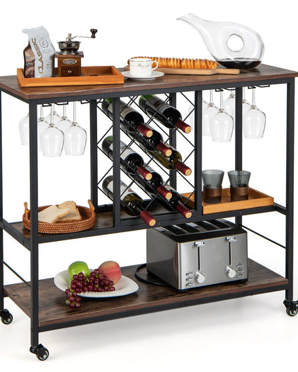 Giantex 3-Tier Wine Bar Cabinet - on Wheels, 8 Bottles Rack & 12 Glasses Hanger (Rustic Brown & Black)