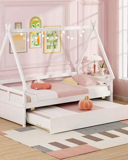 Giantex Twin House Bed with Trundle, Wood Montessori Tent Bed Frame with Safety Guardrail