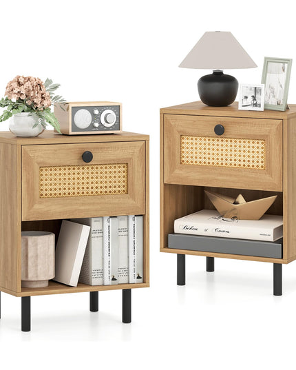 Giantex Rattan Nightstand with Drawer Set of 1/2 Modern Bed Side Table