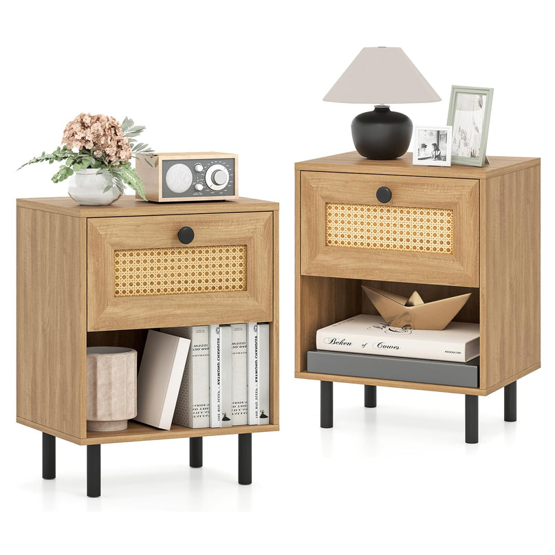 Giantex Rattan Nightstand with Drawer Set of 1/2 Modern Bed Side Table