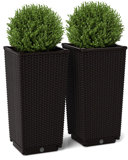 Giantex Set of 2 Outdoor Wicker Flower Pot, 23 Inch Tall Planters with Drainage Hole, Self-Watering Tray