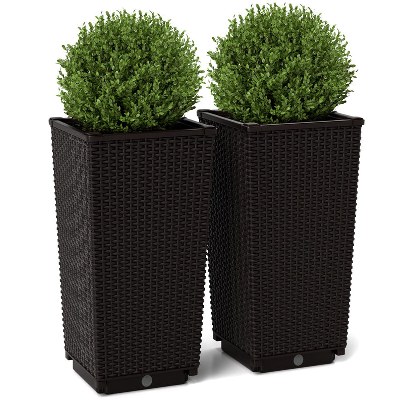 Giantex Set of 2 Outdoor Wicker Flower Pot, 23 Inch Tall Planters with Drainage Hole, Self-Watering Tray