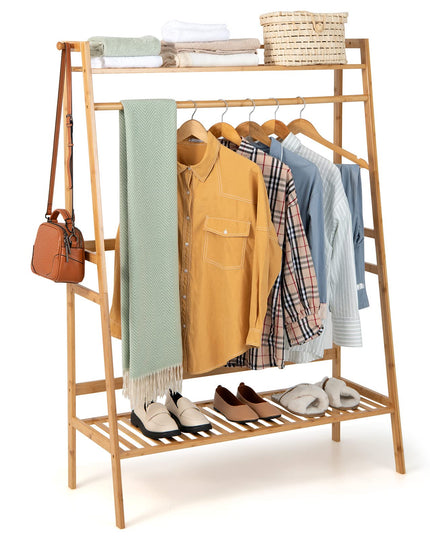 Giantex 3 Tier Bamboo Clothing Rack with Shelves, Heavy Duty Freestanding Clothes Organizer Rack with Coat Hooks