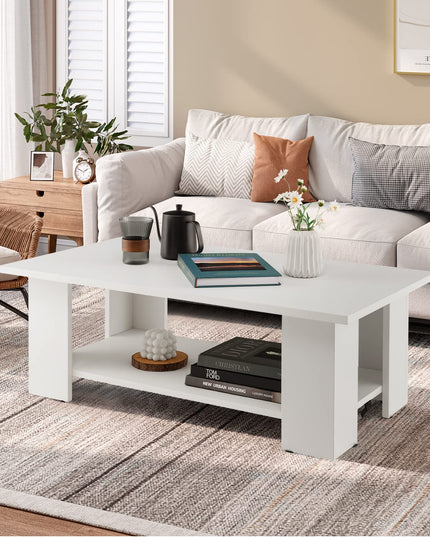 Giantex Wood Coffee Table w/Storage Shelf, 36"L 2-Tier Large Modern Tea Table, White
