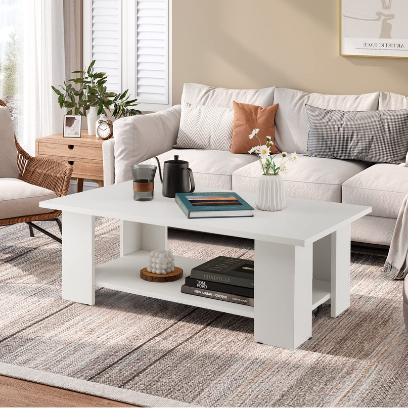 Giantex Wood Coffee Table w/Storage Shelf, 36"L 2-Tier Large Modern Tea Table, White
