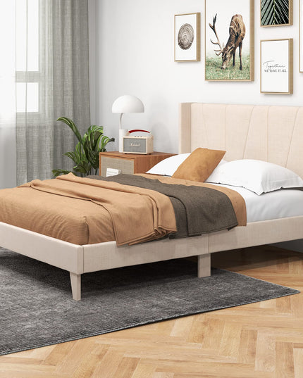 Giantex Queen/Full Bed Frame with Geometric Wingback Headboard, Modern Beige Bed