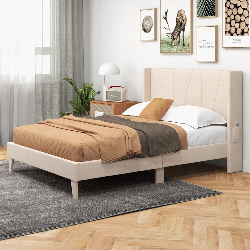 Giantex Queen/Full Bed Frame with Geometric Wingback Headboard, Modern Beige Bed