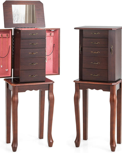 CHARMAID Standing Jewelry Organizer Cabinet with 4 Drawers, Top Storage Tray with Ring Slots, 2 Side Doors