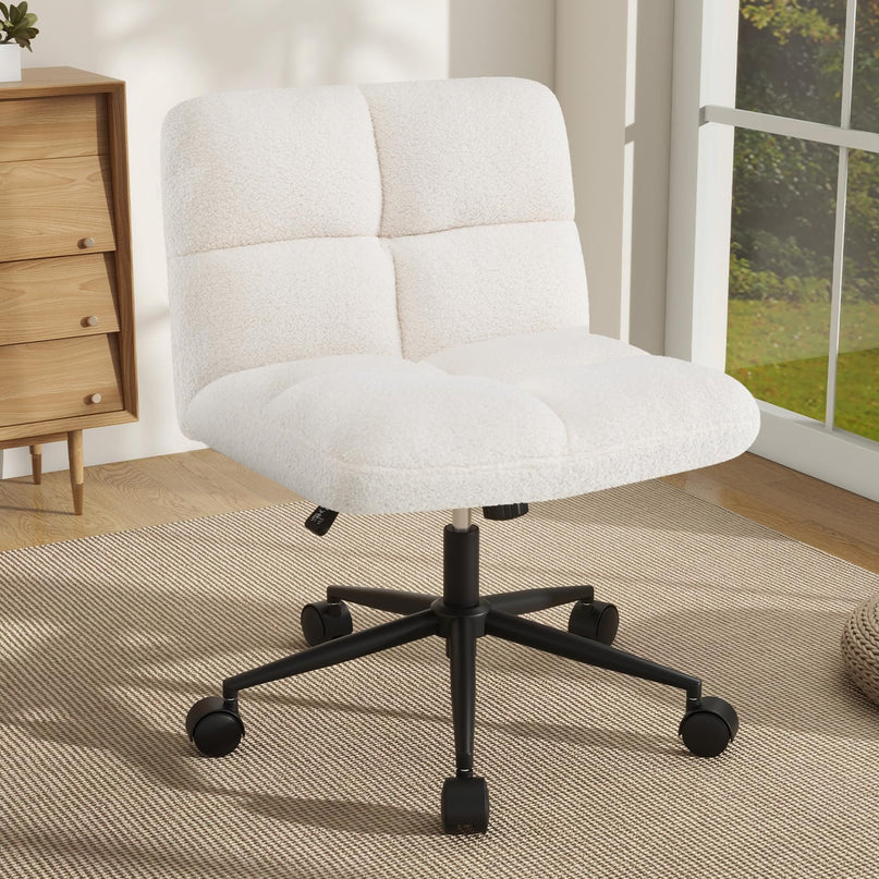 Giantex Criss Cross Chair with Wheels, Faux Fur Cross Legged Office Chair, Armless Wide Desk Chair