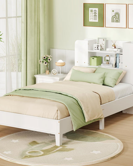 Giantex Twin Bed Frames for Kids, Wooden Twin Size Bed with Storage Bookcase Headboard
