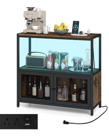 Giantex Wine Cabinet with LED Lights | Industrial Buffet Sideboard w/Charging Station
