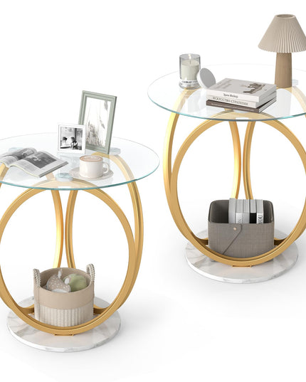 Giantex Round End Table Set of 1/2 Faux Marble Sofa Couch Side Table