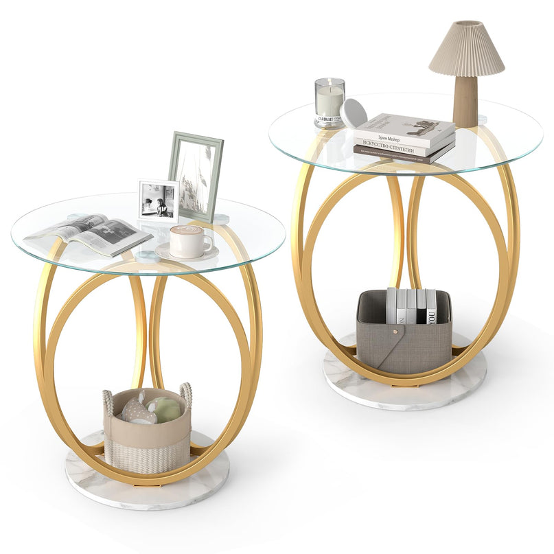 Giantex Round End Table Set of 1/2 Faux Marble Sofa Couch Side Table