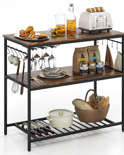 Giantex Kitchen Baker Rack with 3 Tier Storage Shelves, 10 Hooks, Glass Holder, 40" Stationary Island with Spacious Worktop