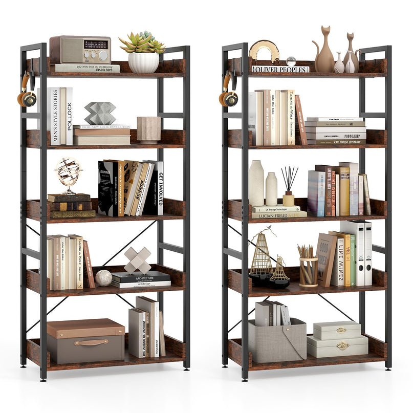 Giantex 5 Tier Bookshelf with 4 Hooks Set of 2 for Living Room
