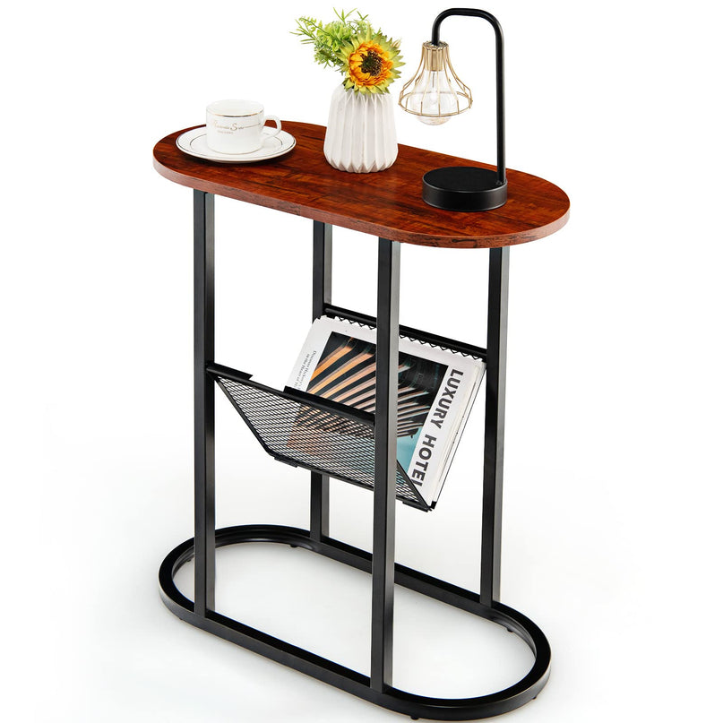 Giantex Oval Narrow Side Table, Small End Table with Magazine Rack Sling Holder Pouch
