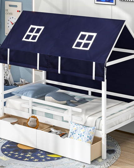 Giantex Twin House Bed with Tent, Wood Kids Bed with 2 Storage Drawers, Solid Wood Daybed Frame with Rails and Roof