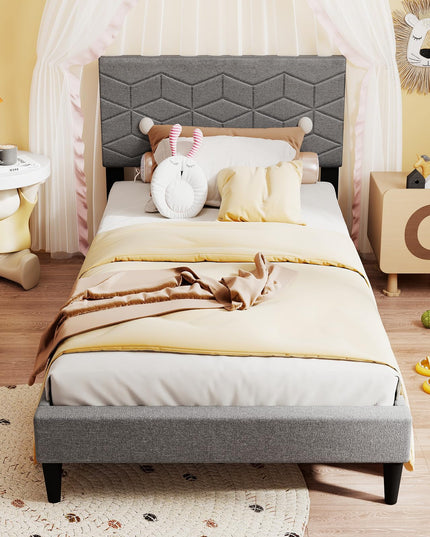 Lit plateforme moderne Giantex avec tête de lit géométrique en tissu de lin | Pas besoin de sommier tapissier