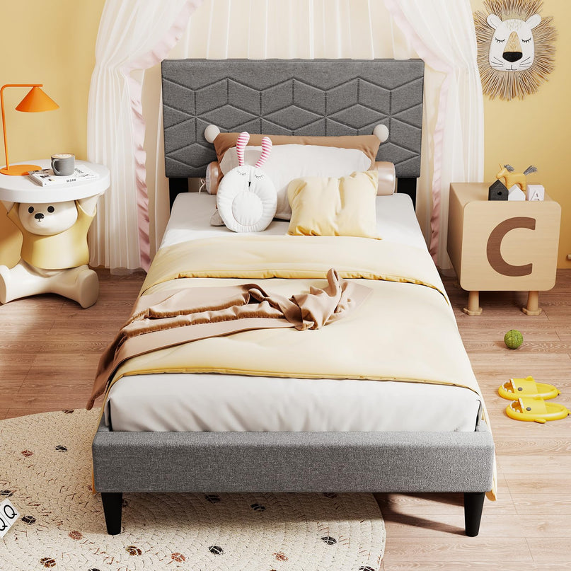 Giantex Modern Platform Bed with Linen Fabric Geometric Headboard | No Box Spring Needed