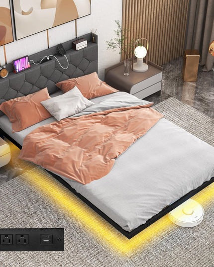 Giantex Floating Bed Frame with LED Lights, Modern Platform Bed with Adjustable Upholstered Headboard & Charging Station