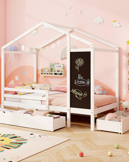 Giantex Twin Bed with 2 Storage Drawers, Solid Wood House Bed with Blackboard & Safety Guardrails