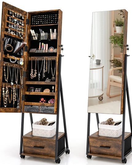 CHARMAID Rolling Jewelry Cabinet with Full Length Mirror, Lockable Standing Jewelry Armoire with Wheels