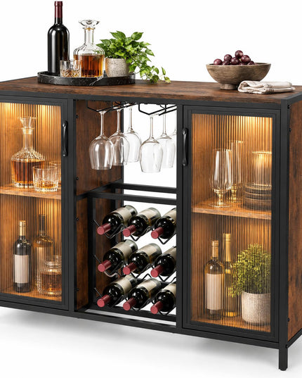 GIANTEX Modern Coffee Bar Cabinet with LED Lights & Wine Racks