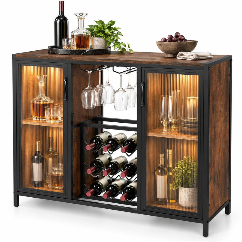 GIANTEX Modern Coffee Bar Cabinet with LED Lights & Wine Racks