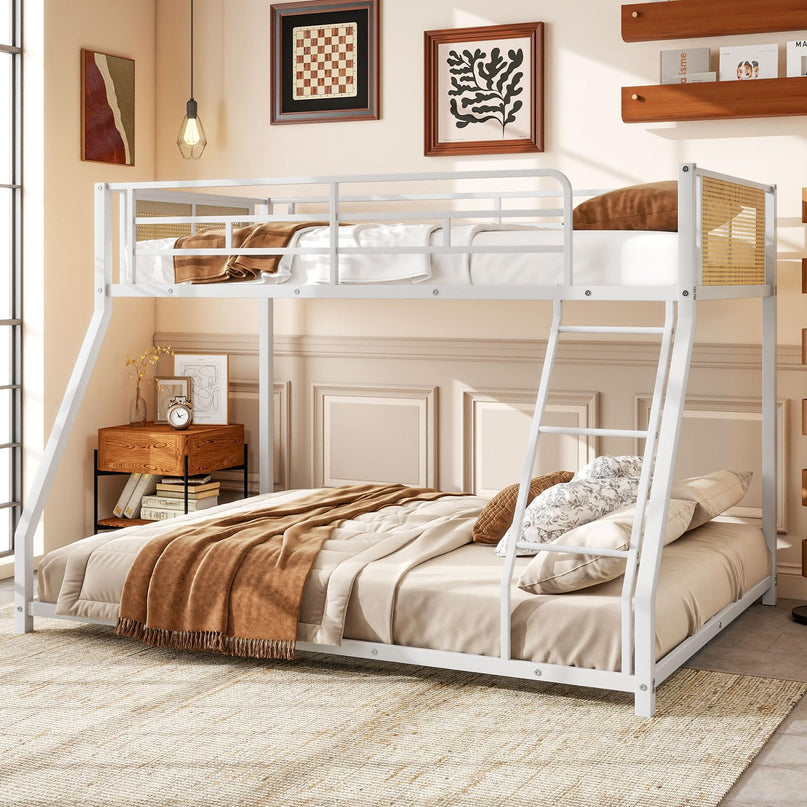 Giantex Twin Over Full Metal Bunk Bed Boho Rattan Floor Bunkbeds
