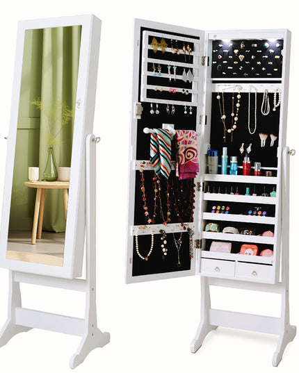Giantex 57.5"H 2 LEDs Standing Jewelry Cabinet with Full Length Mirror with 2 Drawers, 4 Adjustable Angles, Jewelry Storage Organizer