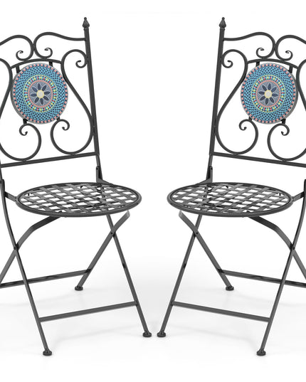 Giantex Patio Folding Chairs, Mosaic Bistro Chairs w/Backrest & Round Seat for Porch Balcony Lawn