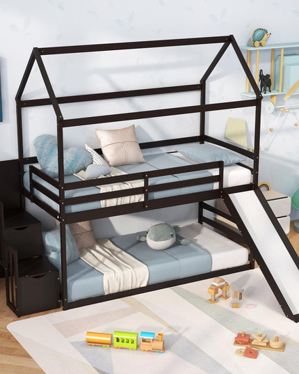 Giantex House Bunk Bed Twin Over Twin with Slide and Storage Stairs, Solid Wood Low Loft Bed Frame with Roof & Guardrail