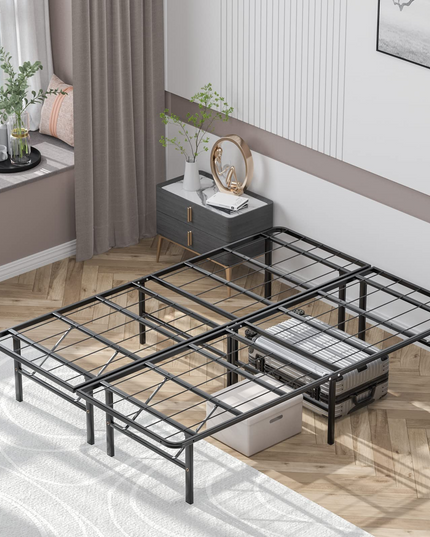 14 Inch Foldable Metal Mattress Foundation | Heavy Duty Bed Frame with Steel Slat