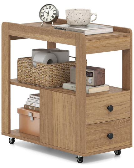 Giantex Rolling Side Table with Storage with Wheels & Open Shelves