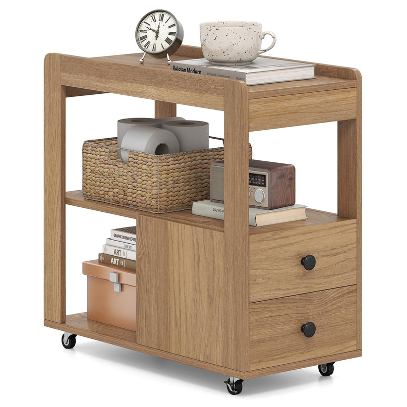 Giantex Rolling Side Table with Storage with Wheels & Open Shelves