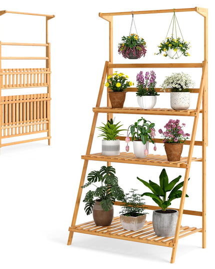 Giantex Plant Stand Indoor Outdoor - Bamboo 3-Tier Hanging Tall Ladder Flower Pot