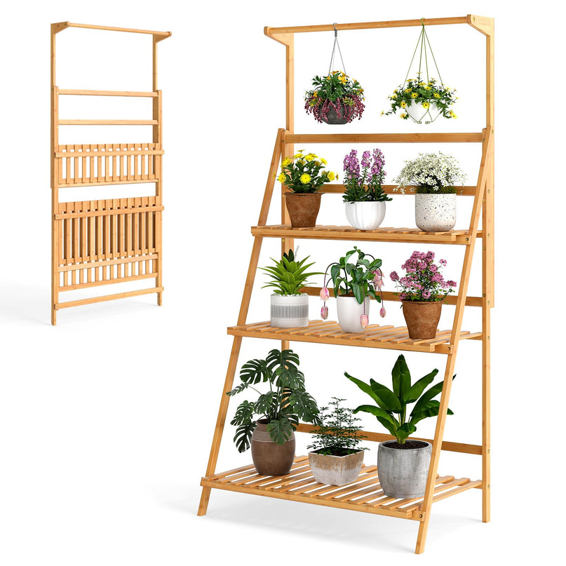 Giantex Plant Stand Indoor Outdoor - Bamboo 3-Tier Hanging Tall Ladder Flower Pot