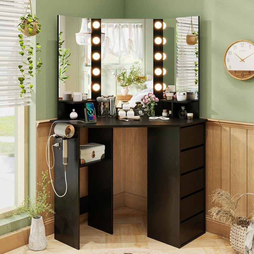 CHARMAID Corner Vanity Desk with Mirror and Lights
