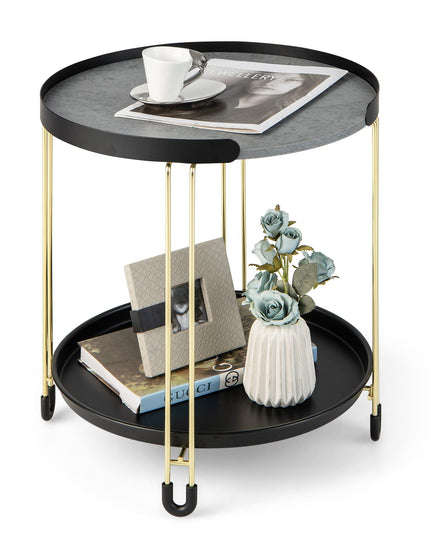 Giantex Modren Side Table, Faux Marble End Table with Golden Frame and Removable Tray