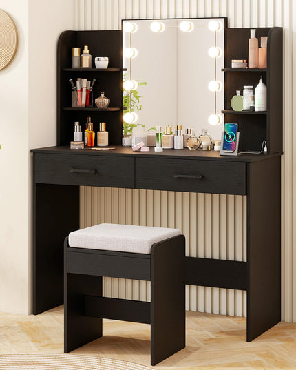 CHARMAID Vanity Desk with Mirror and Lights, Black Makeup Vanity Table with Large Drawers, Storage Shelve