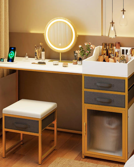 Coiffeuse avec miroir LED et meuble cannelé éclairé