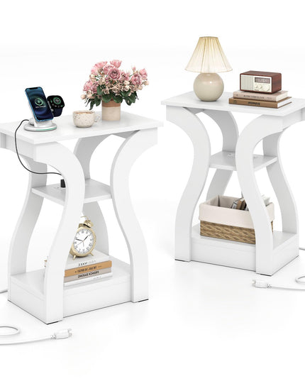 Giantex End Tables with Charging Station Set of 2 |Vintage Nightstands for Living Room