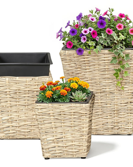 Giantex 3-Piece Rattan Planter Box Kit for Indoor & Outdoor Plants