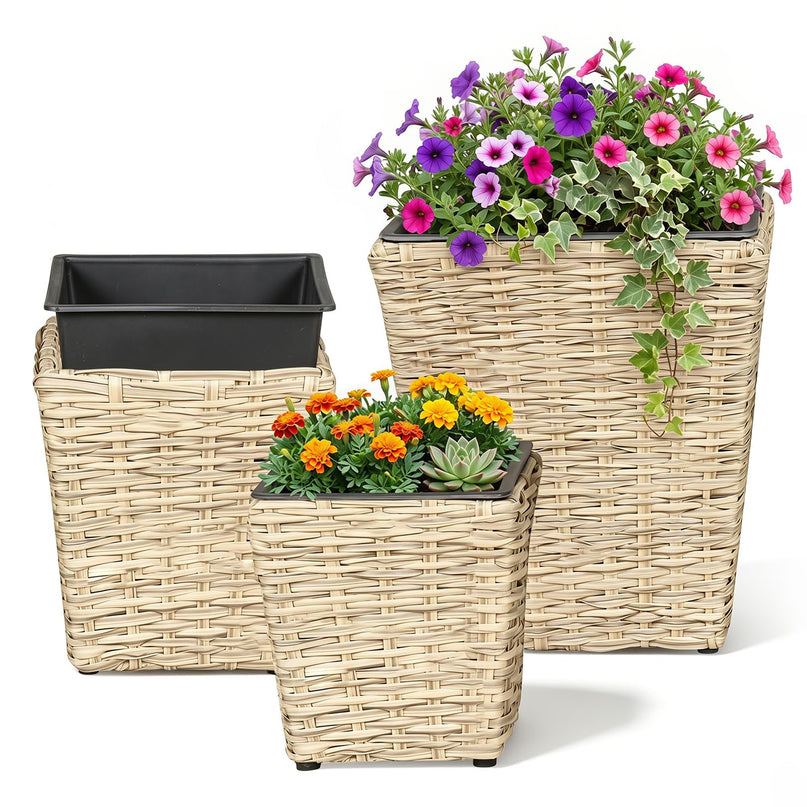 Giantex 3-Piece Rattan Planter Box Kit for Indoor & Outdoor Plants