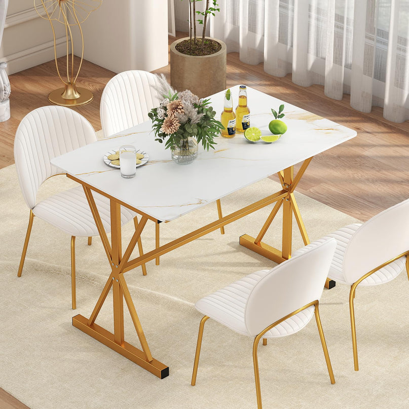 Giantex 44" Sintered Stone Dining Table with X-Shaped Gold Metal Frame